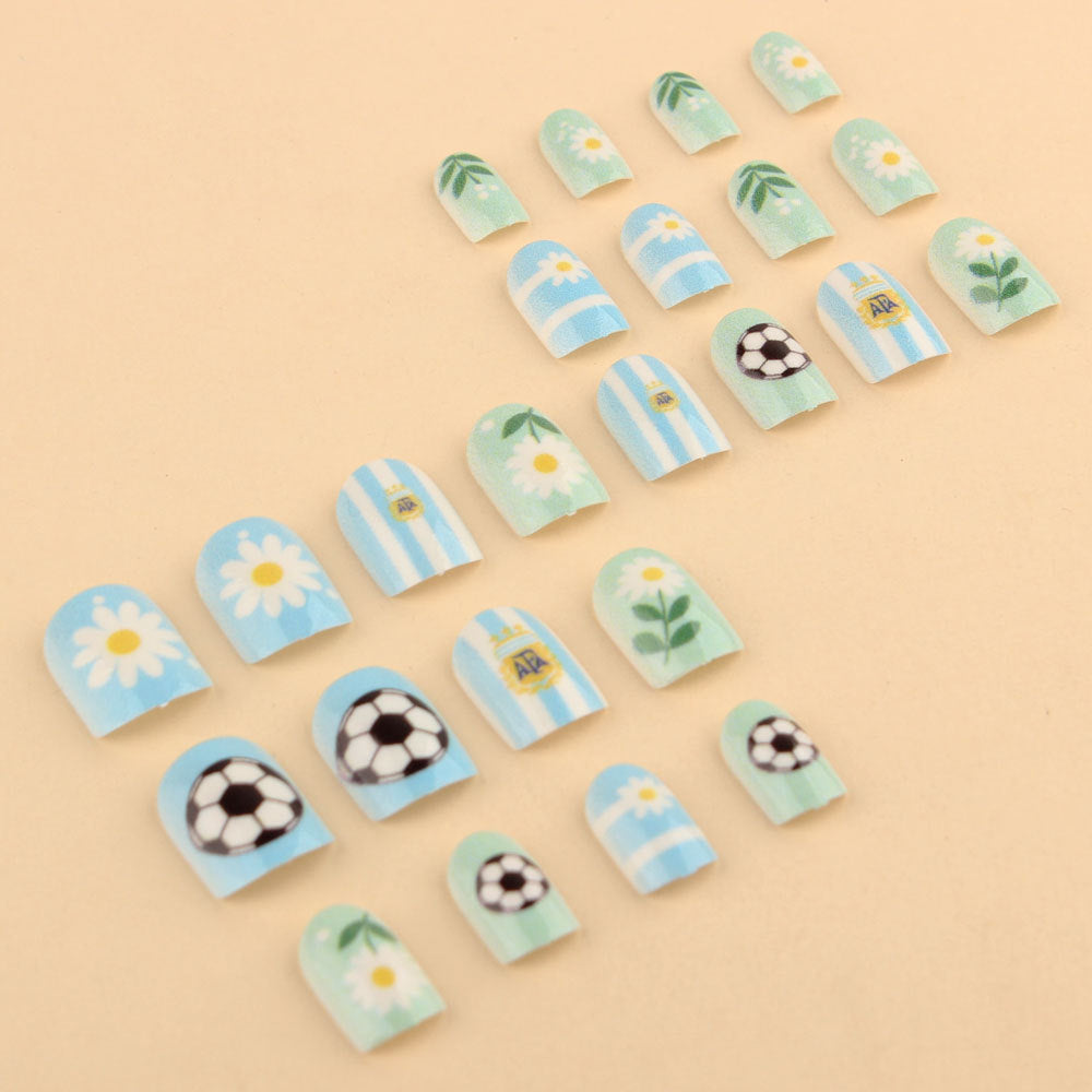 World Cup Argentina Team Fan Press-On Nails with Footballs & Daisies (Short Square/24pcs/Cute)