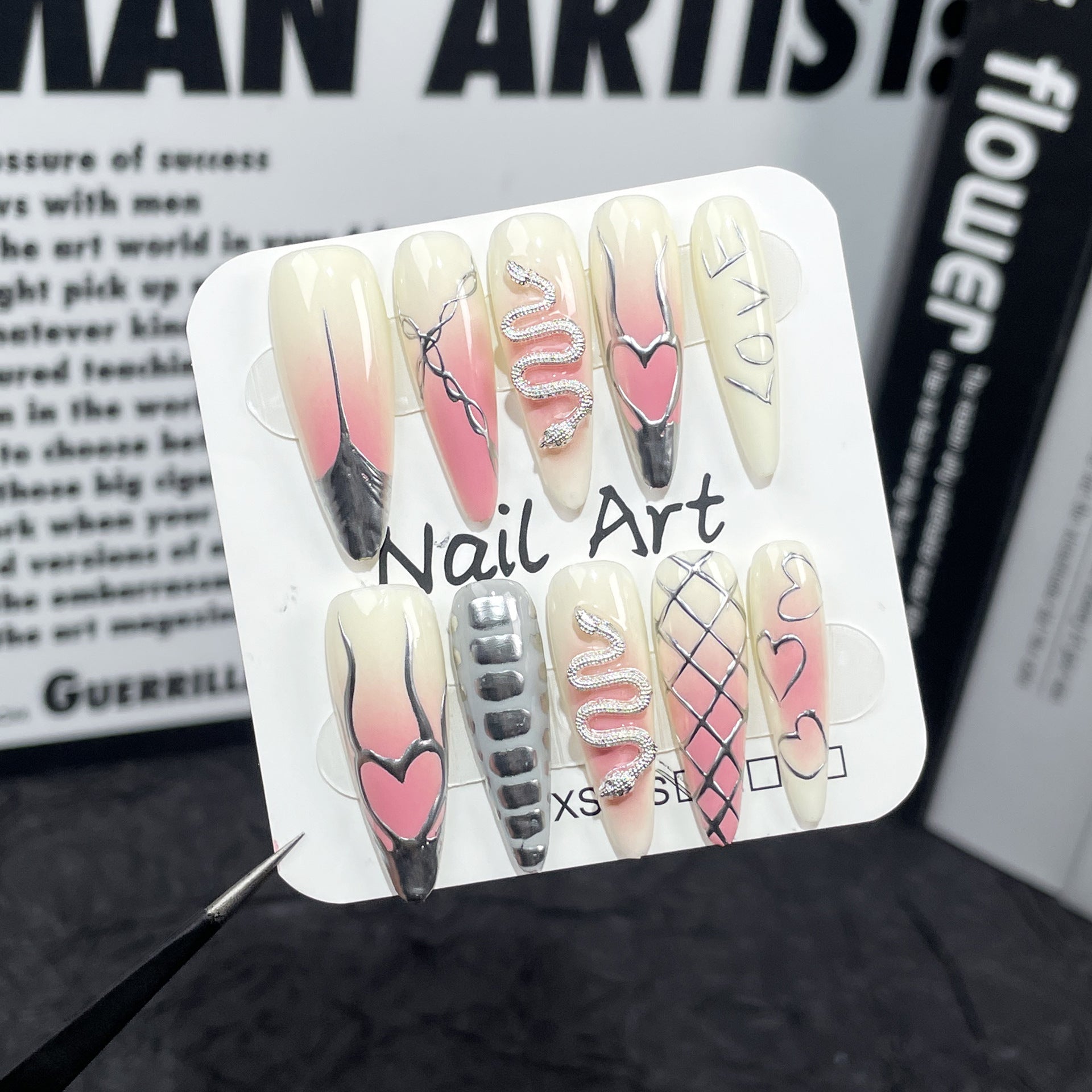 Uñas postizas de punta larga hechas a mano con pistola pulverizadora, cambio gradual, parche de uñas pintado a mano, chicas geniales, uñas postizas con acabado industrial pesado | 365nails