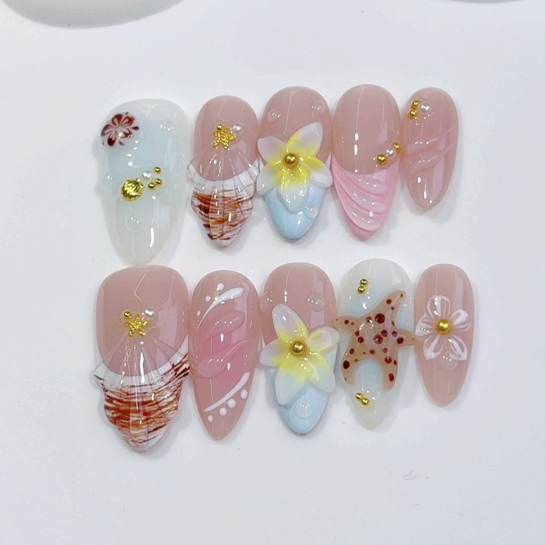 Beach Breeze: "Seashell & Floral" – Almond Press-On Nails
