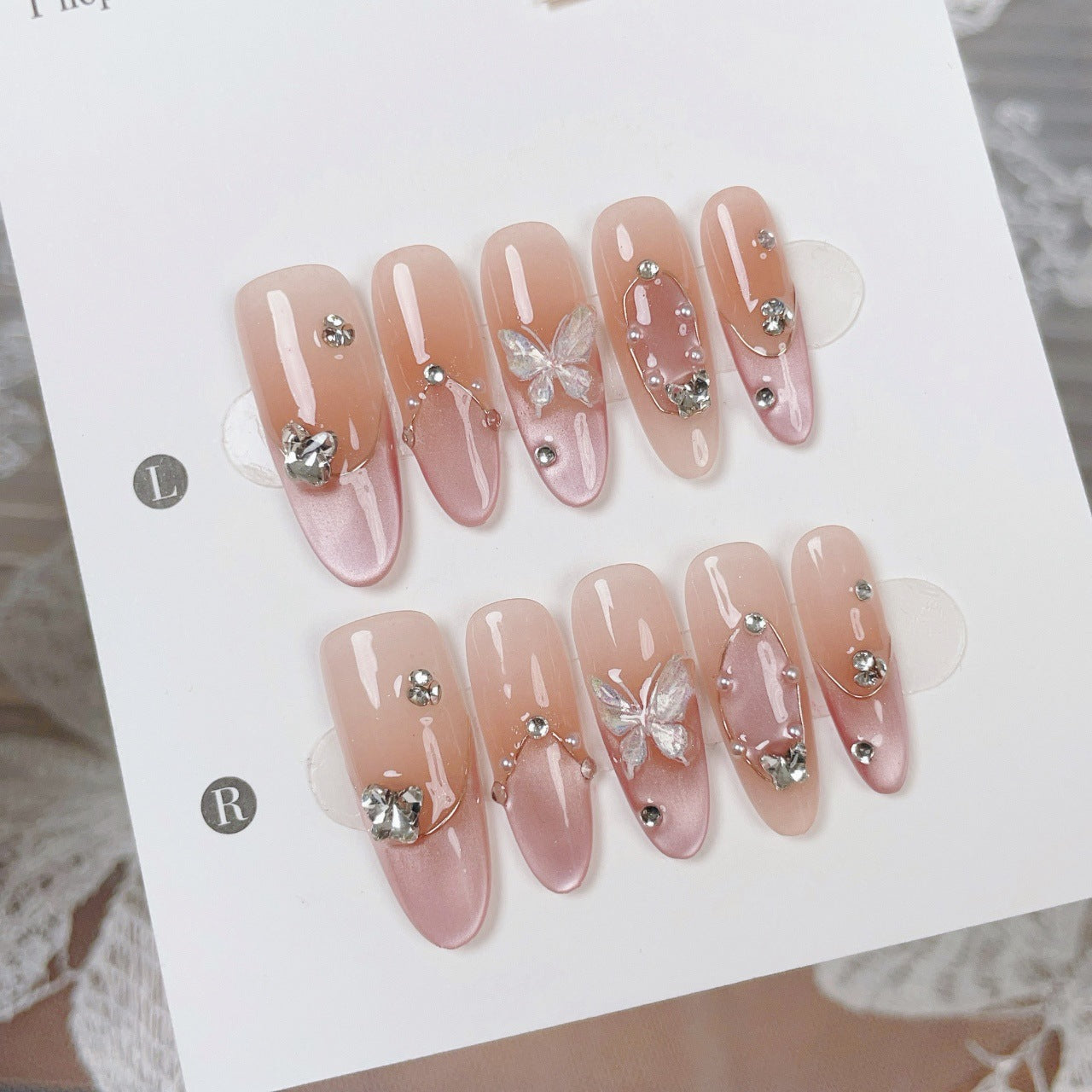 365nails-Ethereal Sheer: "Butterfly Carved" – Long Stiletto French Ombre Handmade Nails