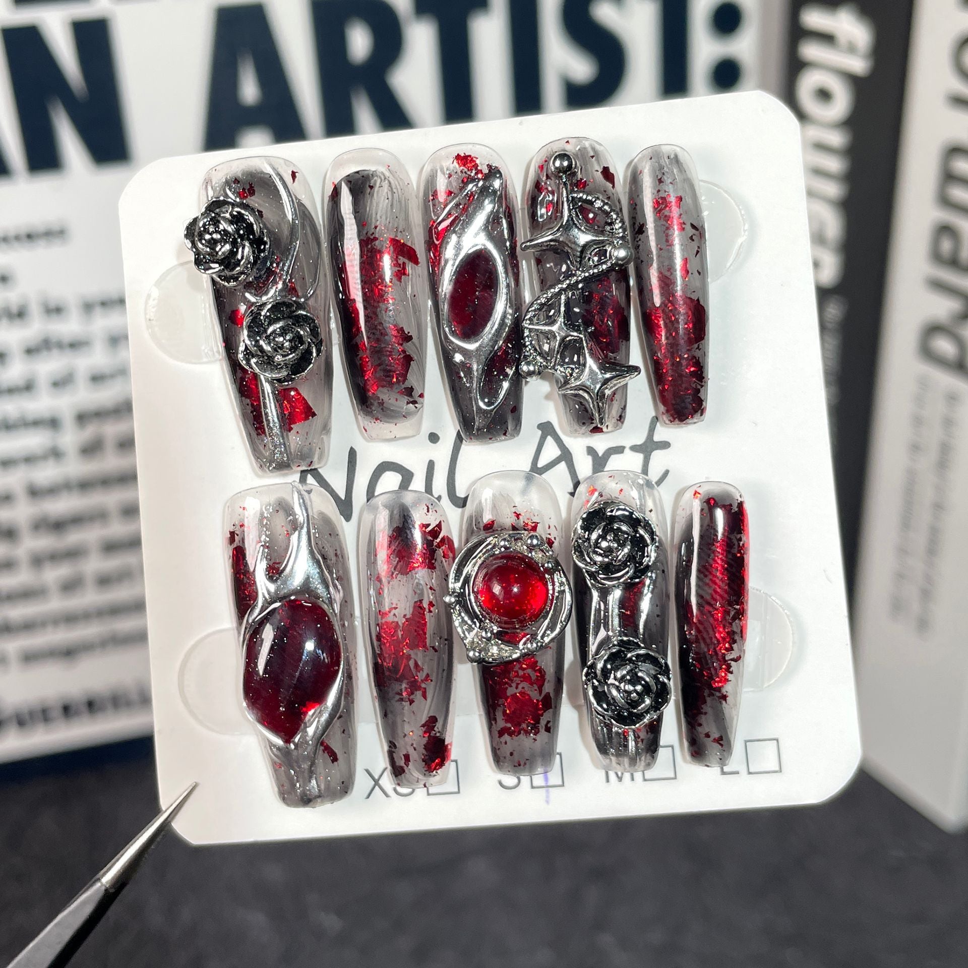 Unhas postiças de longa duração, feiticeira de sangue, estilo gótico escuro, unhas postiças artesanais, atacado ｜365nails