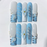 Blue Blossom Pearl Elegant Extra Long Press On Nails