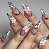 Silver Bow Star Nails with Frosted Metallic Accents