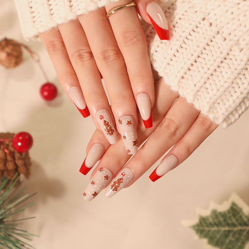 紅邊法式與聖誕樹星星穿戴甲片 批發｜365nails