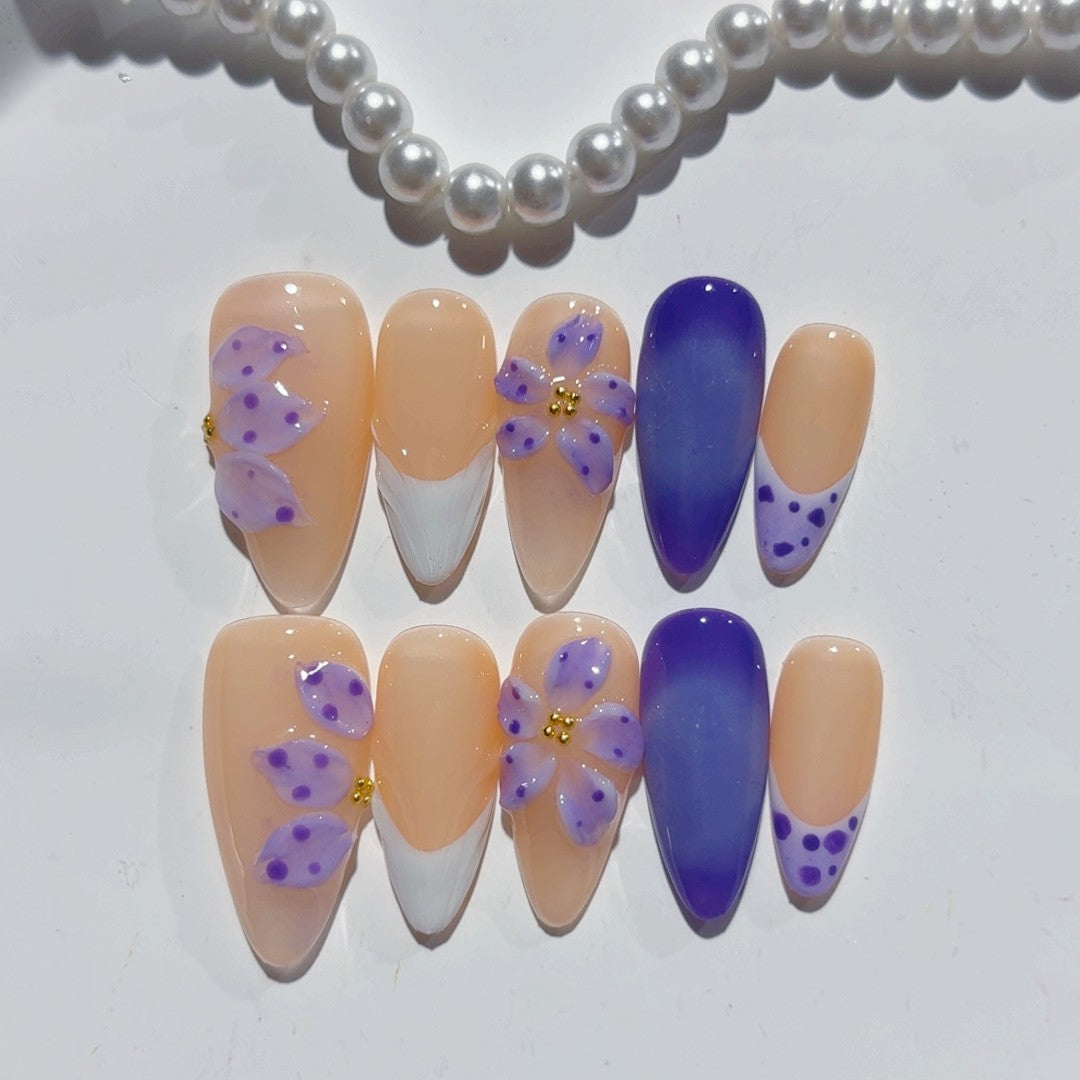 Purple Fantasy: "Lavender Bloom" – Almond Shape Handmade 3D Carved Press-On Nails