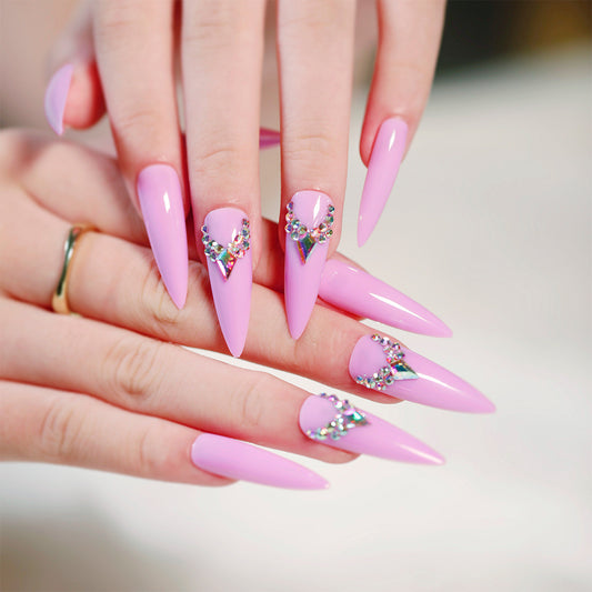 Pointed pink long ballet rhinestone nail patch press-on nails finished nail patch waterproof removable nail piece ｜365nails
