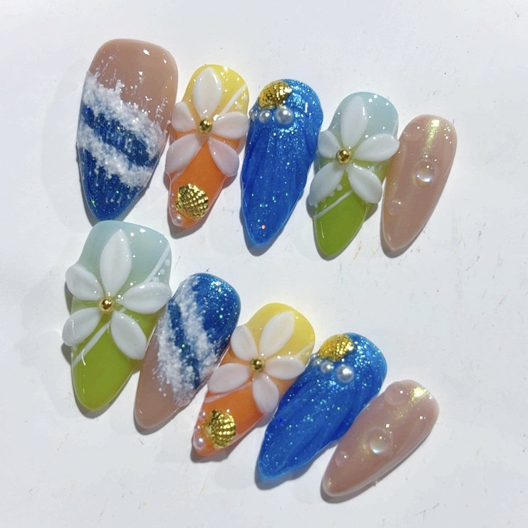 365nails - 海岸微風：海灘貝殼花 — 杏仁形 手工製 立體雕刻 穿戴甲