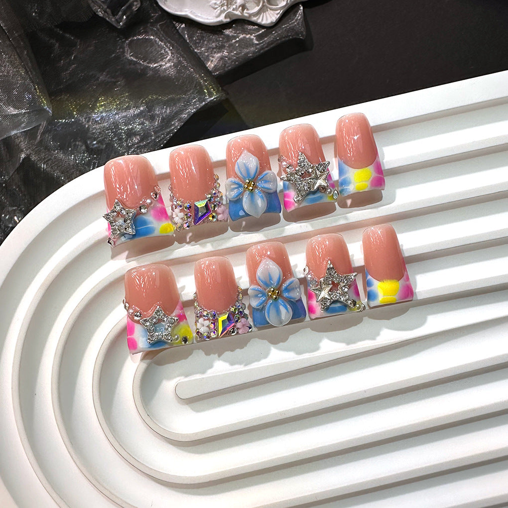 Colorful Floral Star Crystal French Press On Nails