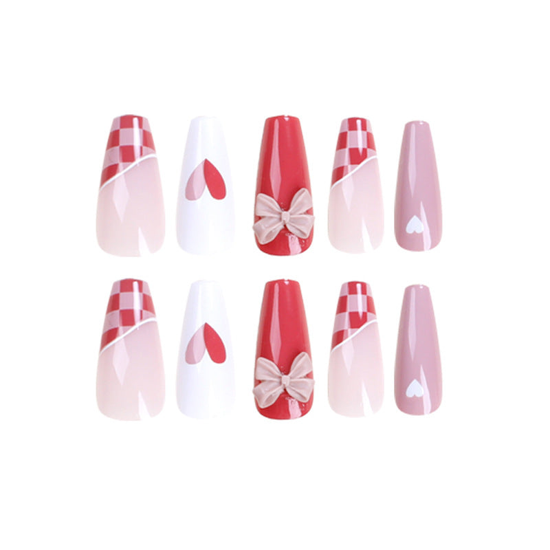 冰透葡萄柚紅格紋穿戴甲｜亮白款｜批發｜365nails