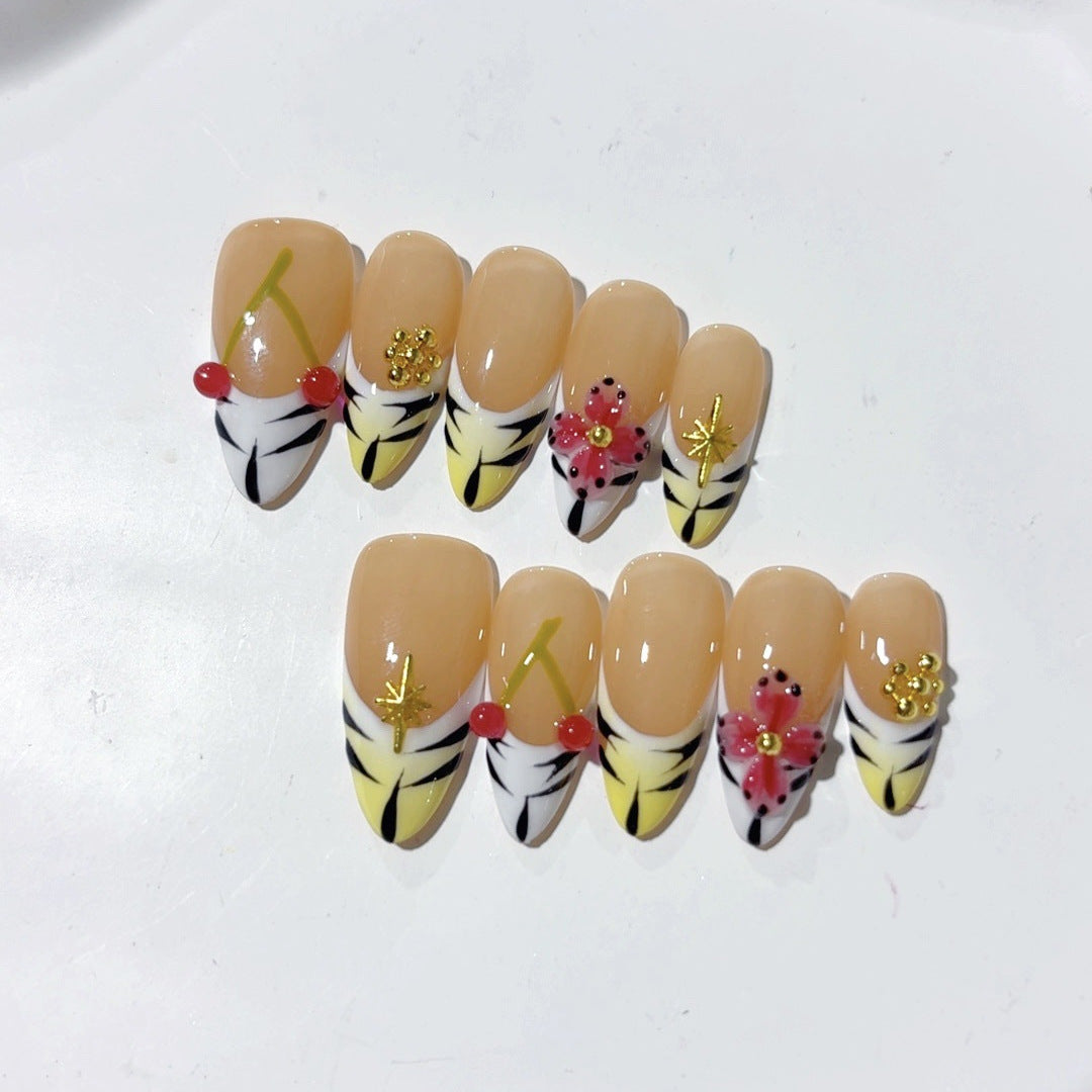 Cerise ensoleillée : "Cerise à rayures jaunes" – Forme carrée ongles press-on faits main