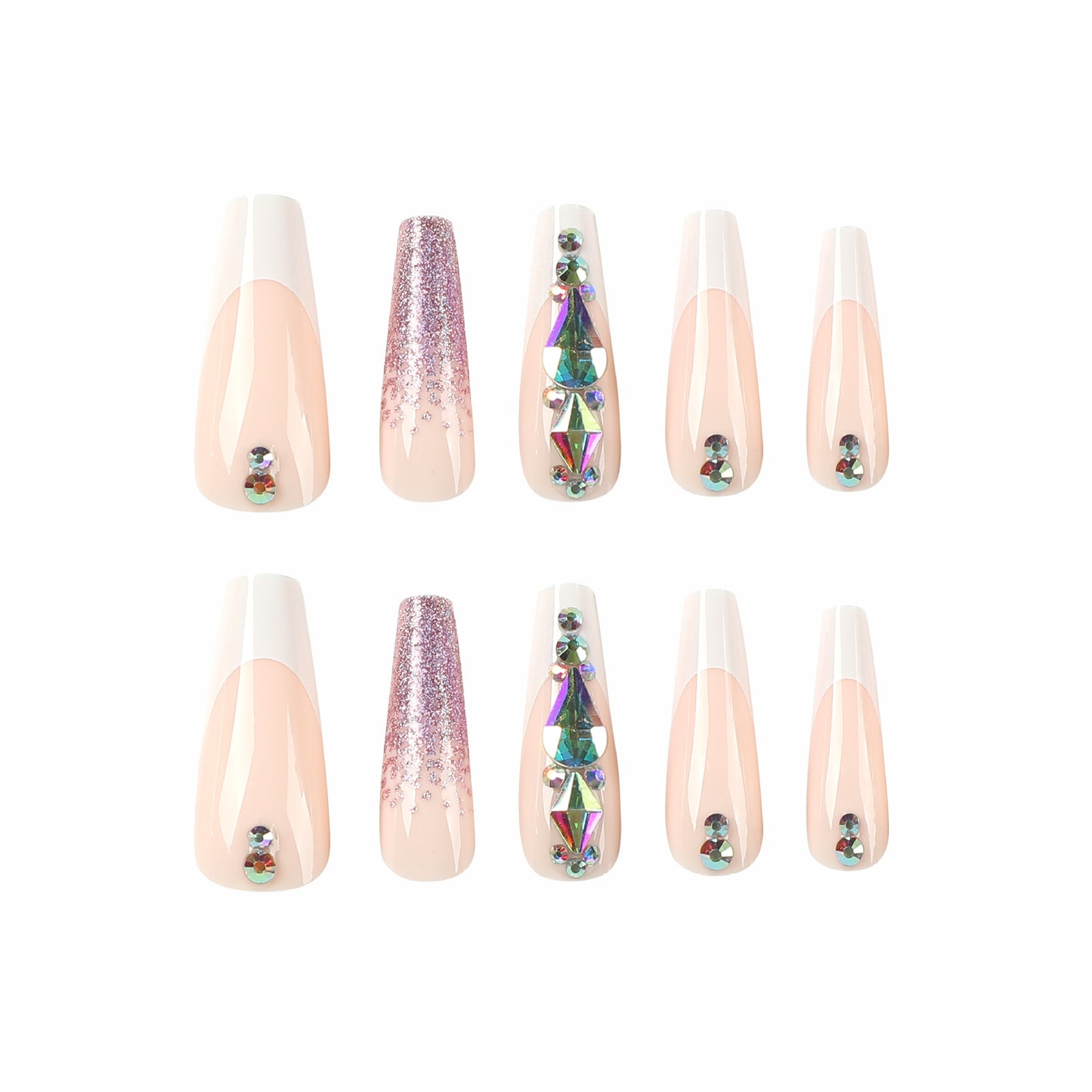 Wear nail piece White French manicure patch Wear nail purple glitter rhinestone nail sticker Removable nail piece｜365nails