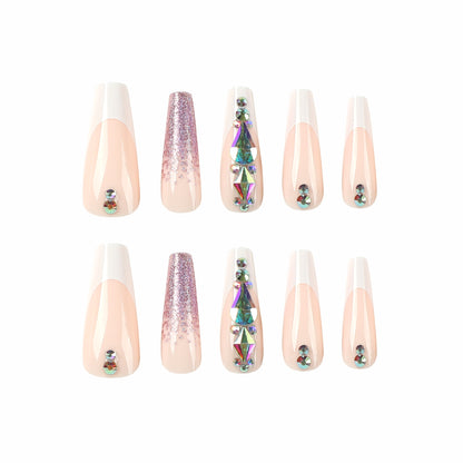 Wear nail piece White French manicure patch Wear nail purple glitter rhinestone nail sticker Removable nail piece｜365nails
