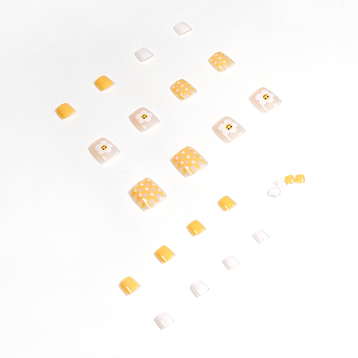 Summer fresh flower yellow plaid foot nail wear nail art finished fake nail nail nail patch removable nail piece｜365nails