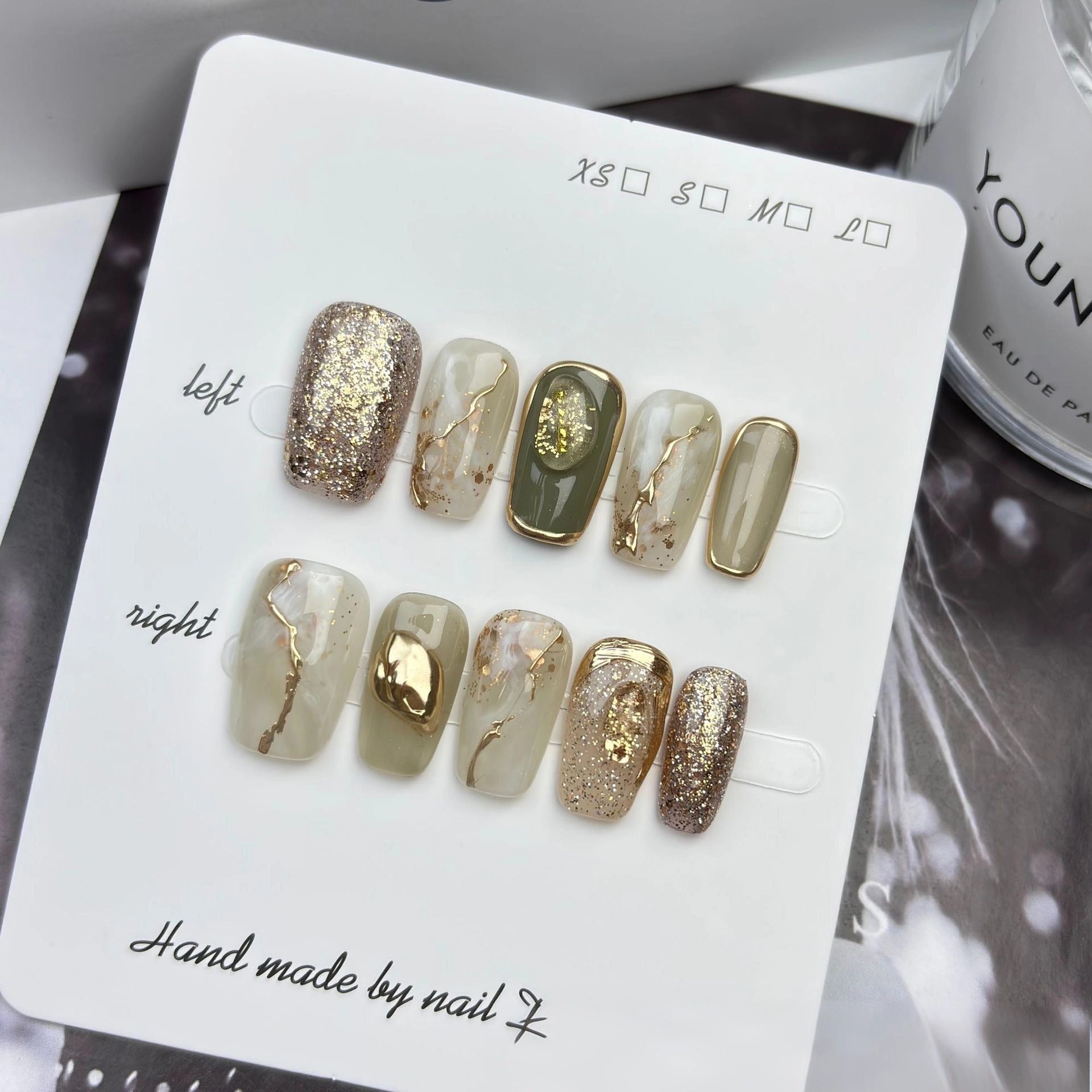 Siri Jade Mewah: "Olive Gold Vein" – Kuku Tekan Buatan Tangan Bentuk Square Sederhana