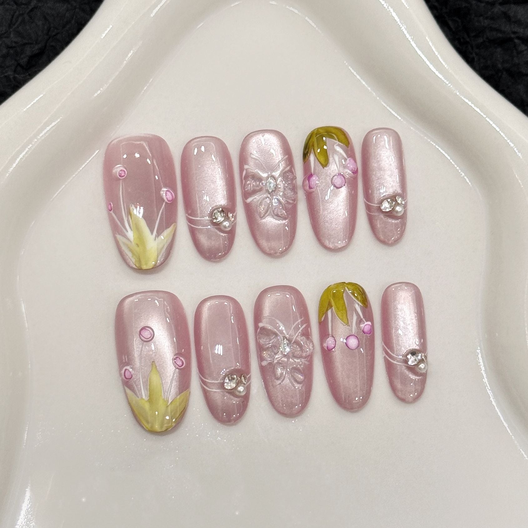 365nails: "Enchanted Bloom" – Hand-Painted Floral Handmade Almond Nails