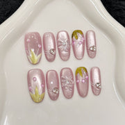 365nails: "Enchanted Bloom" – Hand-Painted Floral Handmade Almond Nails