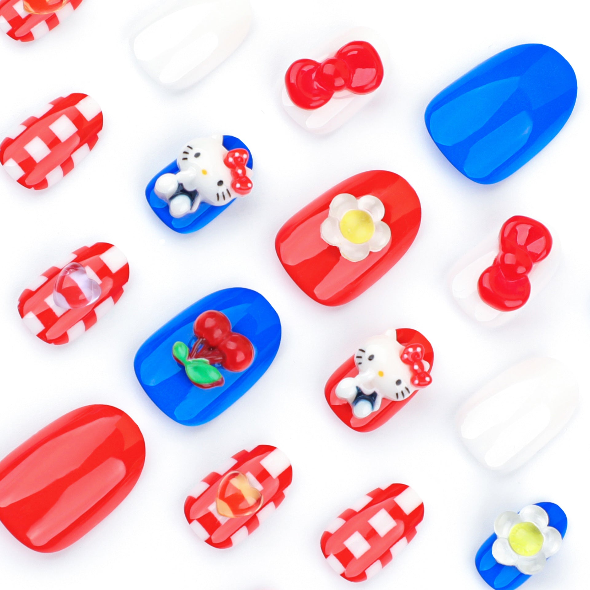 Desenho animado japonês gatinho fofo vestindo armadura tridimensional flor xadrez manicure curta simples unhas postiças atacado ｜ 365nails