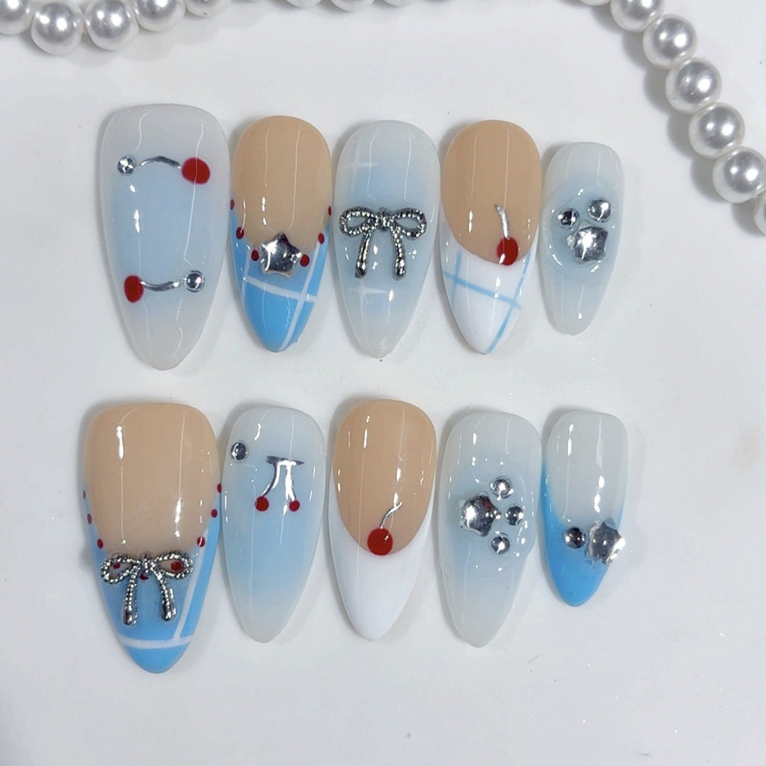 365nails 블루베리 리본의 즐거움 미디엄 아몬드형 귀여운 카툰 수제 프레스온 네일