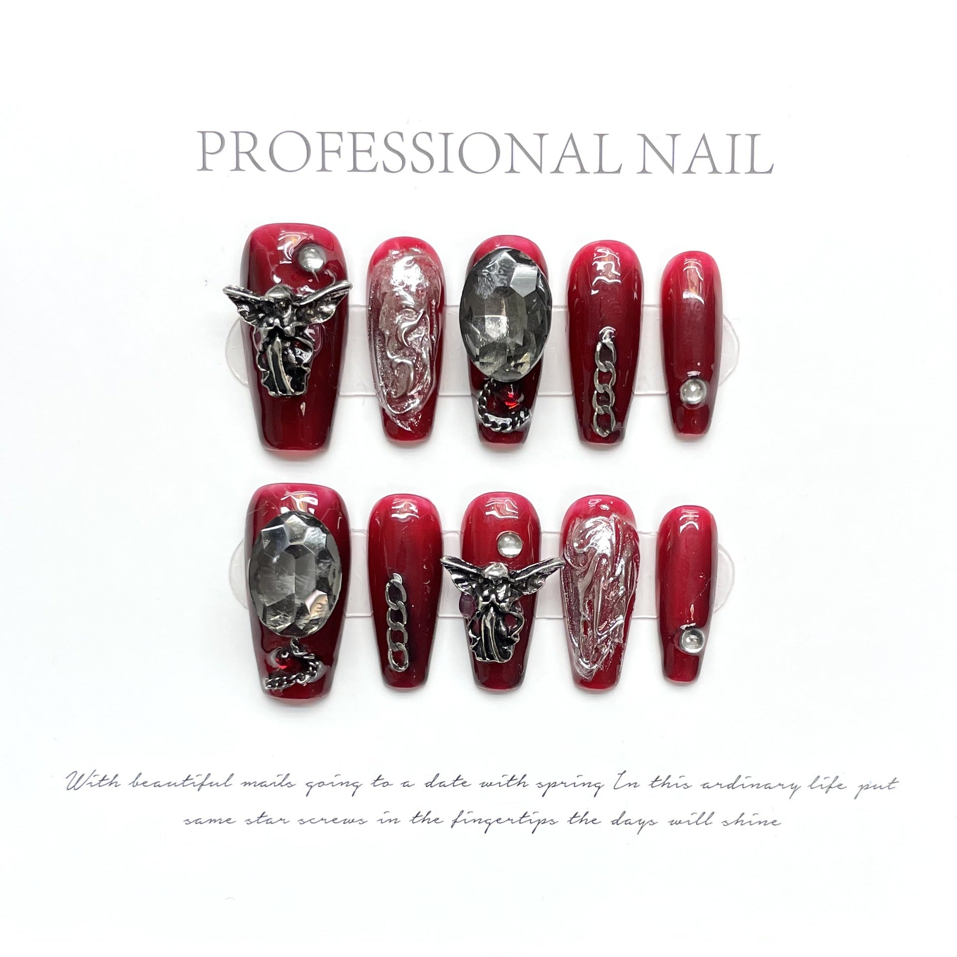[Diseño] Uñas postizas hechas a mano, diseño Dark Loli, mariposa, alas, cruz, color rojo sangre, producto terminado | 365nails