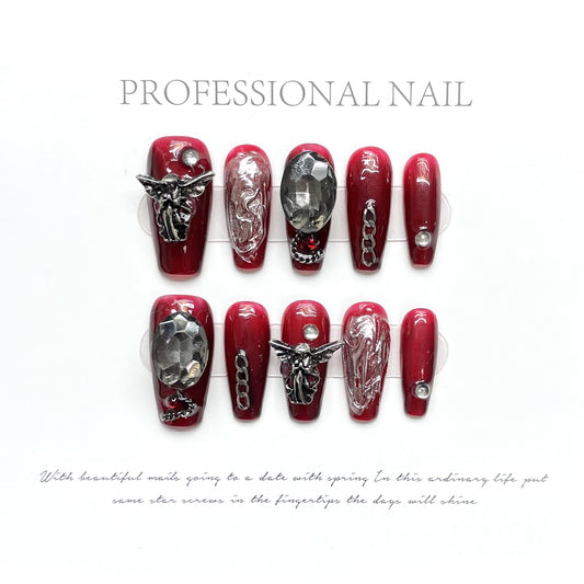 [Design] Handmade press-on nails Dark Loli Blood Red Butterfly Wings Cross Nail Art Finished Product | 365nails