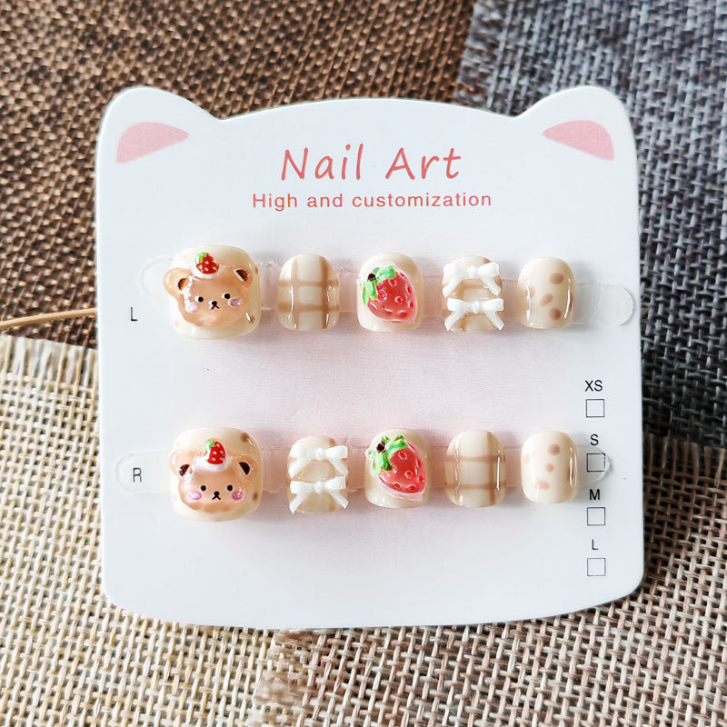 365nails: "sweet strawberry bear" – short round handmade kids press-on nails