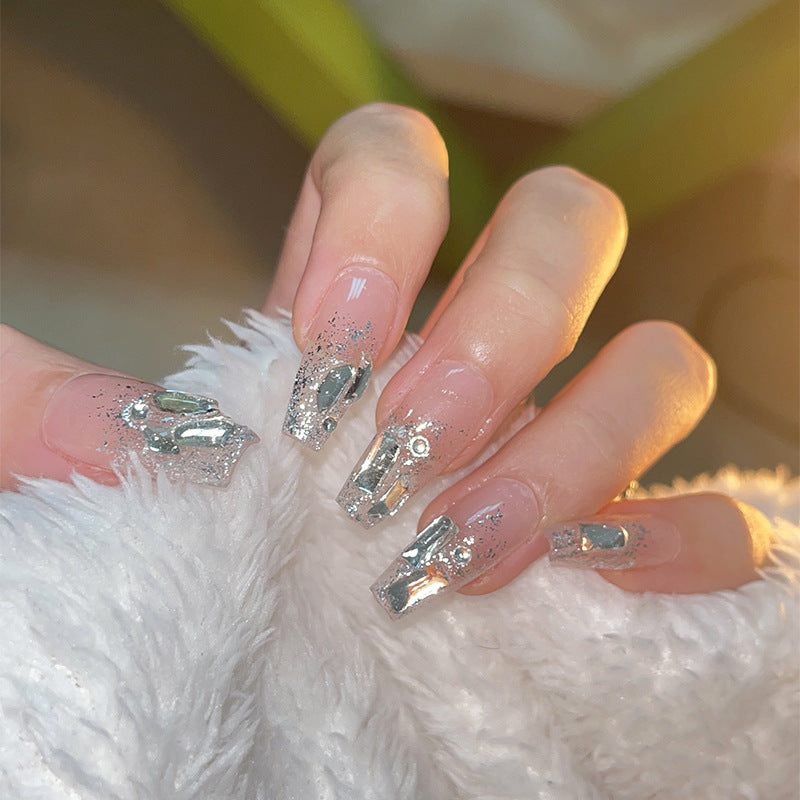 365nails Glam: "Silver Illusion" – Long Coffin Silver Mirror & Glitter Press On Nails 24pcs