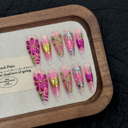 Island Holiday Spice Girl Painted Magic Mirror Pink Flowers Pure Handmade nails | 365nails