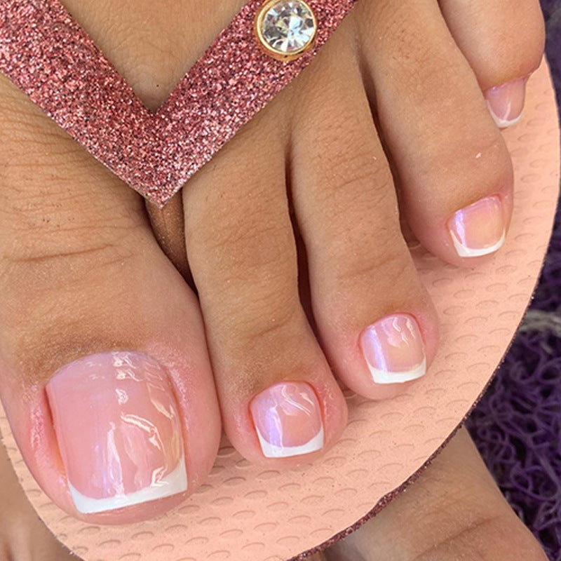 연핑크×화이트 심플 프렌치 발톱용 프레스온 네일 — 귀여운 젠틀 걸 스타일｜365nails