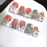 Pink White Bow Crystal French Press On Nails