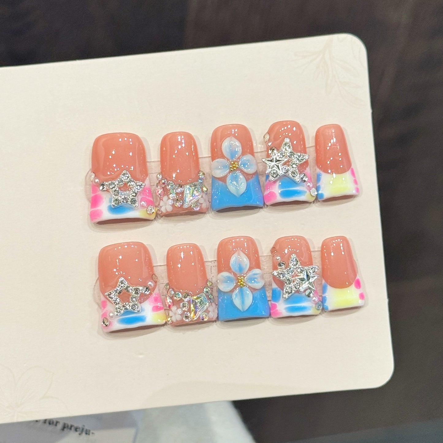 Colorful Rhinestone Flower Star Gradient Cute Press On Nails