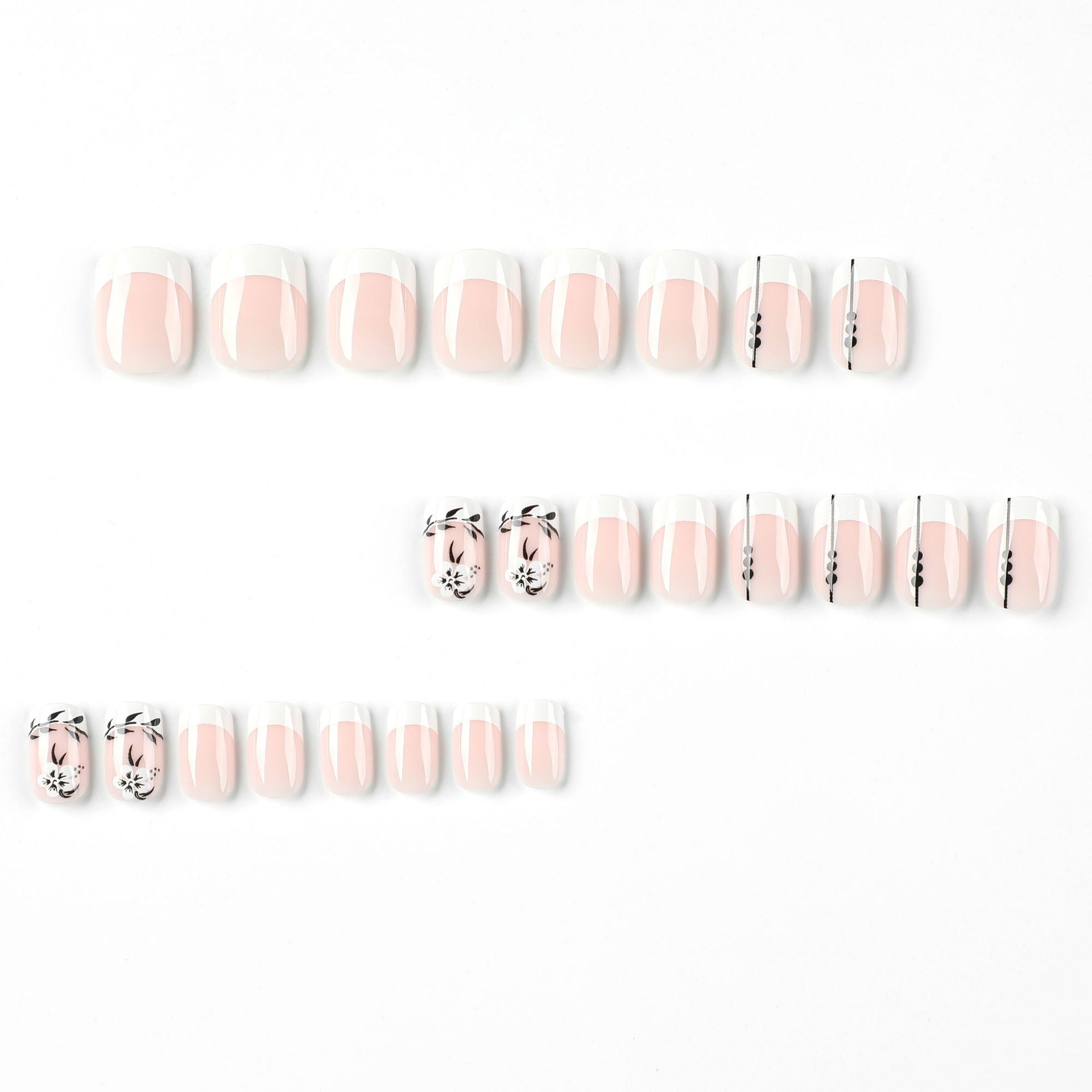 盔甲風 白色法式 花朵與黑色葉片 短款穿戴甲 批發｜365nails