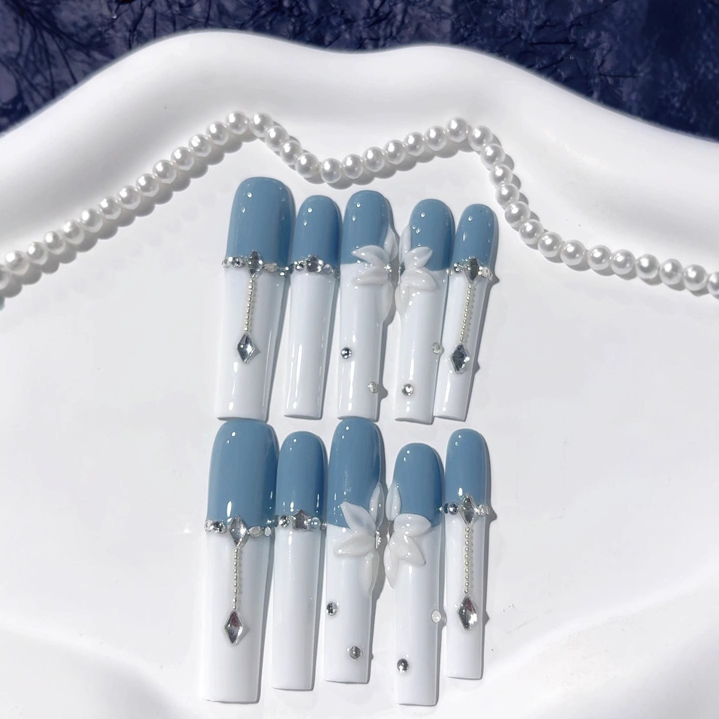 Blue White Pearl Floral Long Press On Nails