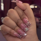 Manicura francesa con estampado de leopardo, destellos de diamante, uñas postizas de gato de dibujos animados, lazo de flores | 365nails