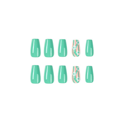 Nail Art  Wholesale Short Green Wave White Flower  Art Nail Piece ｜365nails