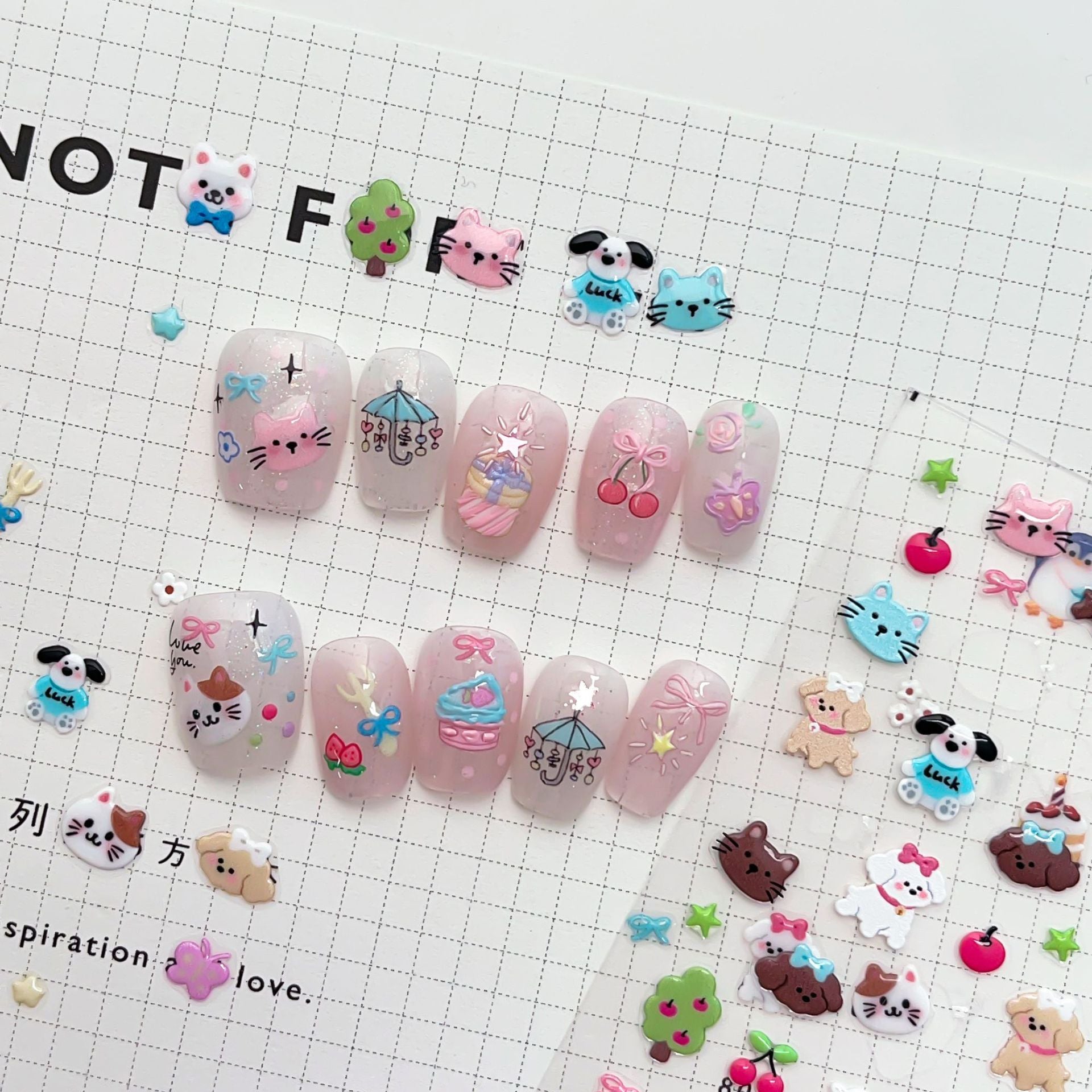 Kawaii Filhote e Fruta: "Piquenique Doce de Filhotes" – Adesivo de Unha Embossado 5D