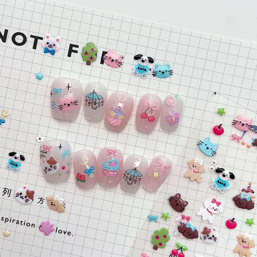 Kawaii Puppy & Fruit: "Sweet Puppy Picnic" – 5D Embossed Nail Sticker