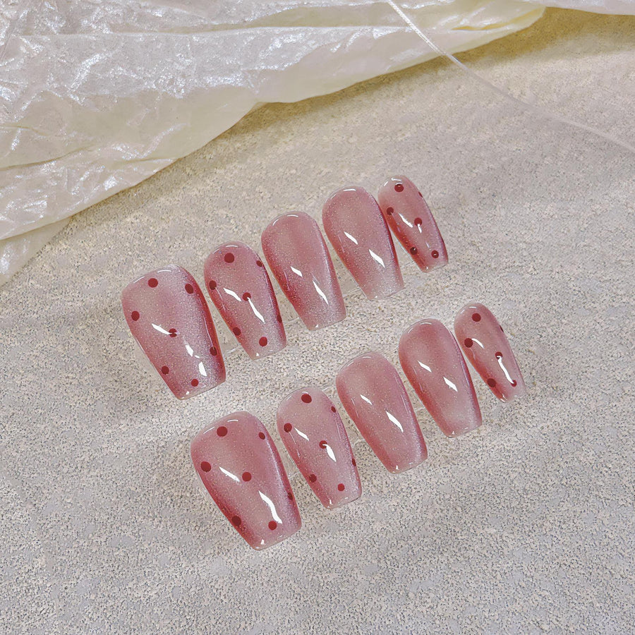 365nails: "Rosy Dots" – Hand-Painted Polka Dot Handmade Coffin Nails