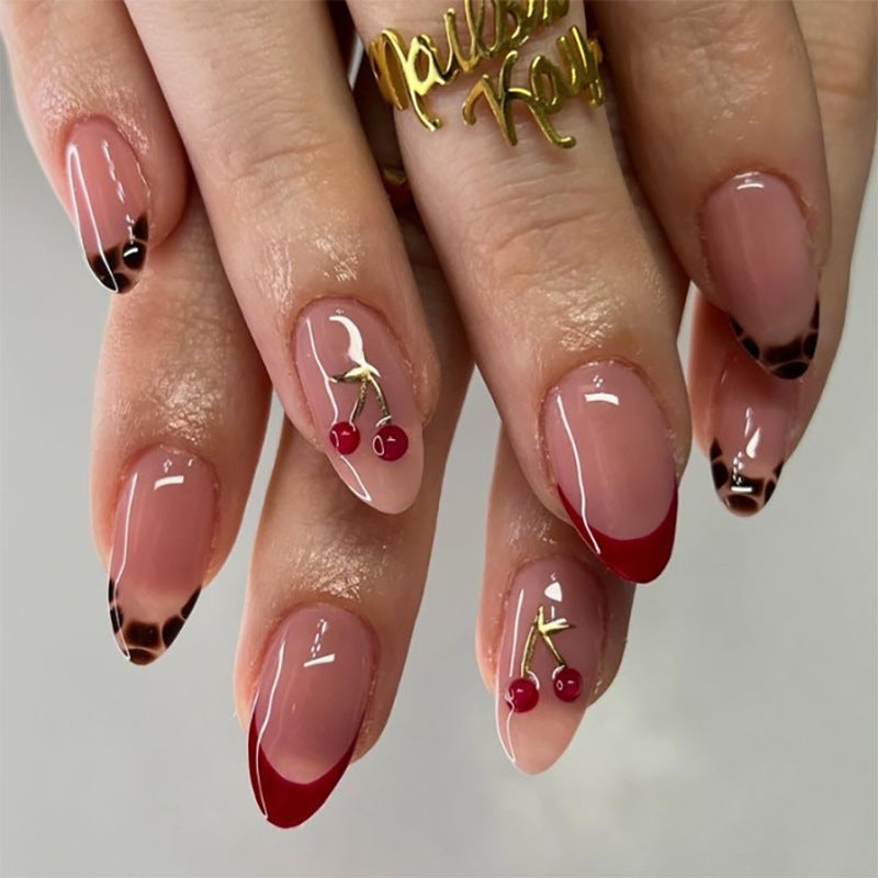 3D Cherry French Red Short Almond press-on nails