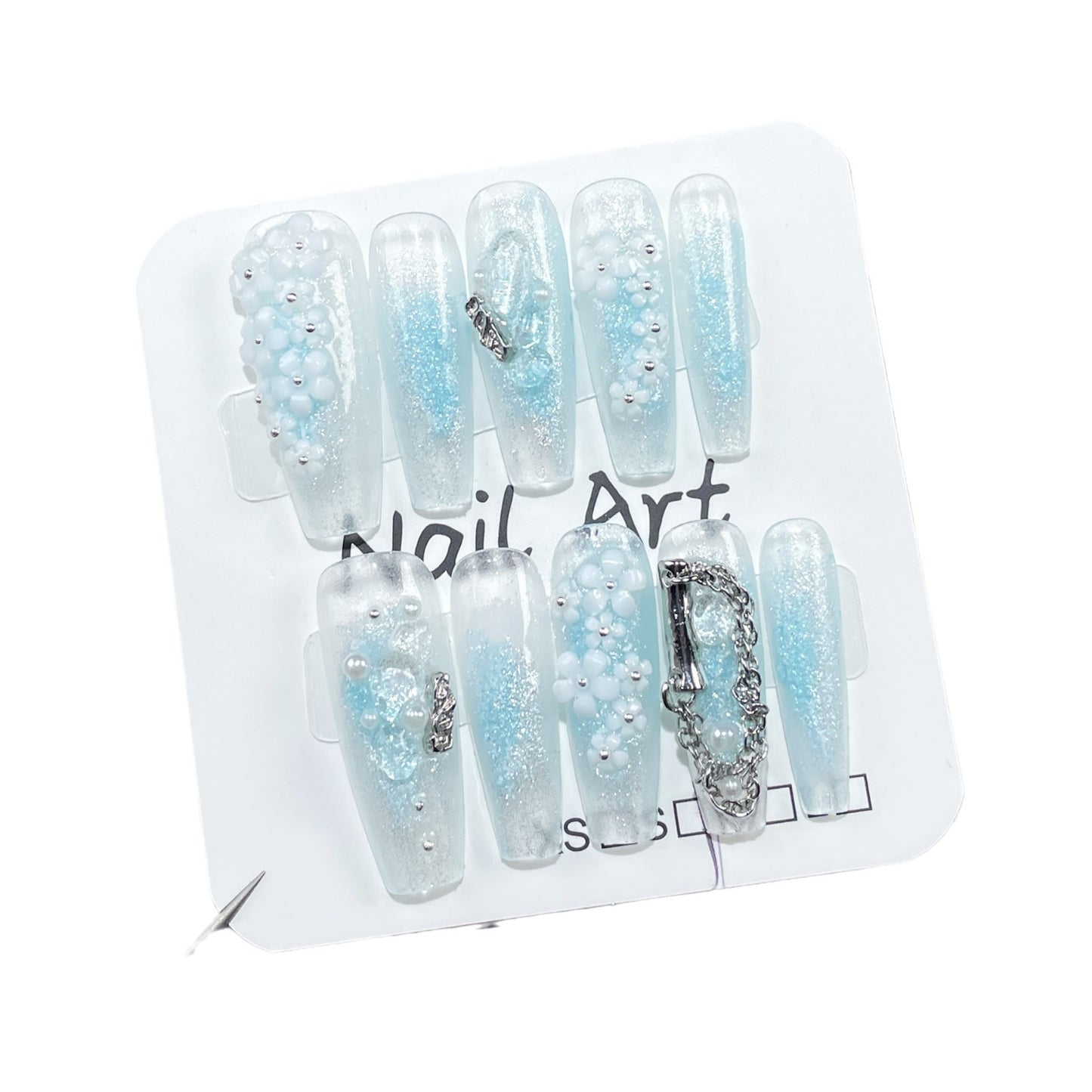 Handmade press-on nails ocean blue smudge and flash long nail patch small flower spring and summer new wearable nail sticker｜365nails