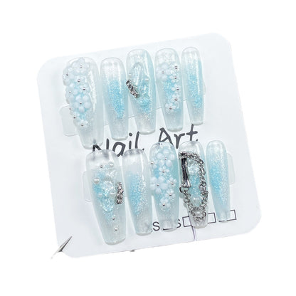 Handmade press-on nails ocean blue smudge and flash long nail patch small flower spring and summer new wearable nail sticker｜365nails