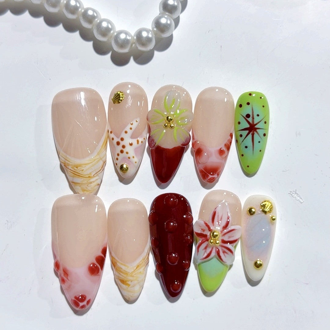 365nails: "Beach Star & Floral" – Unhas Postiças Artesanais Amêndoa Média Florais Marinhas