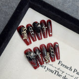 Uñas hechas a mano Gótico oscuro Escarlata Loli oscuro Rojo sangre Alas de mariposa Arte de uñas Acabado trapezoidal | 365nails