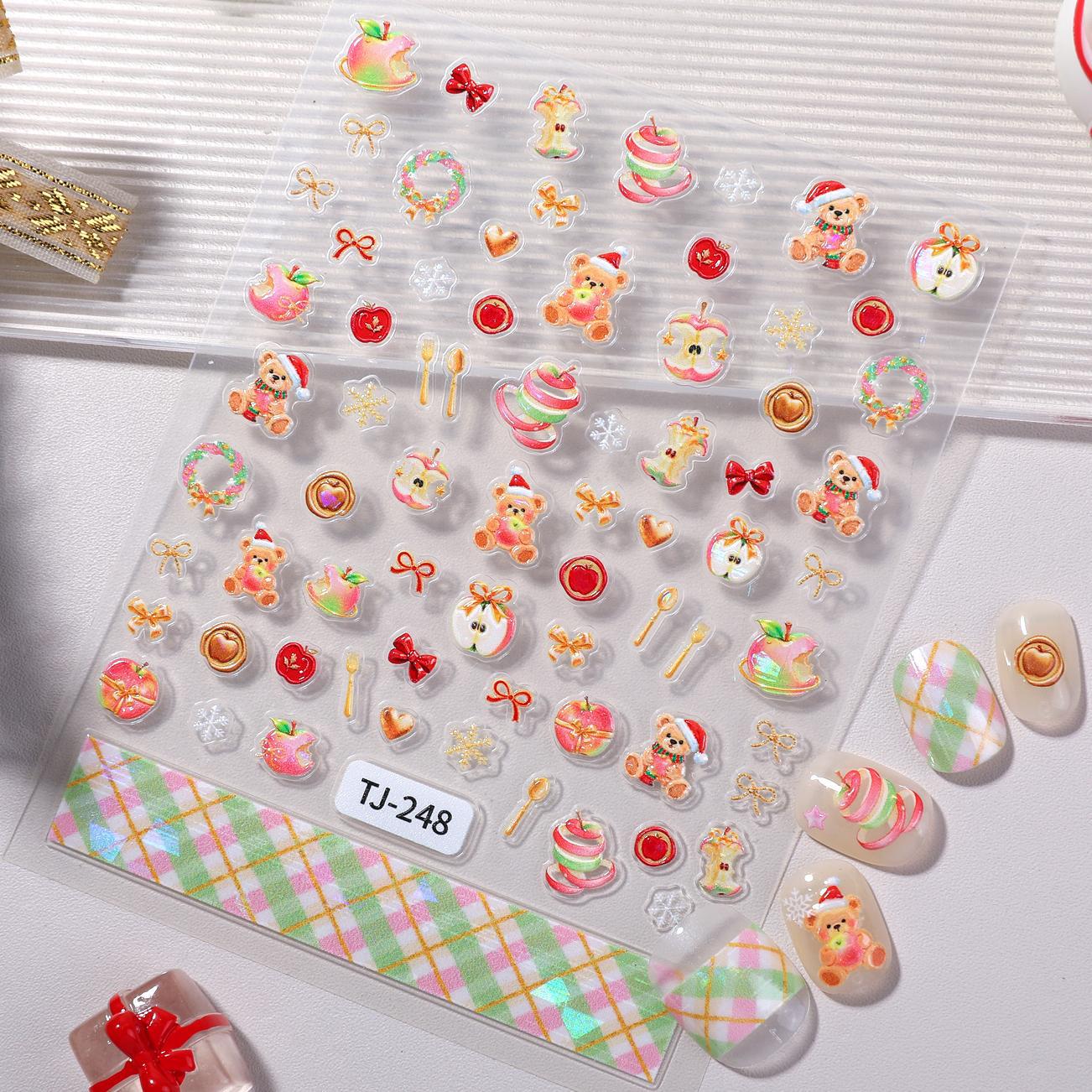 Happy Christmas Nail Art Sticker 5D Embossed Three-dimensional Snowman Christmas Bear DIY Nail Sticker Ornament TJ