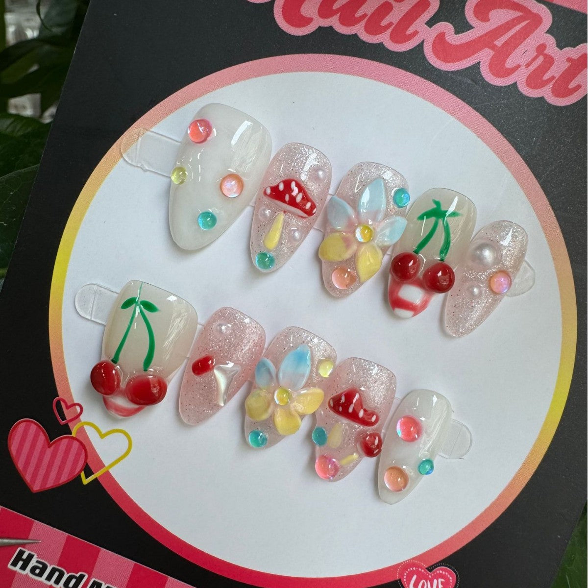 365nails: "Sweet Garden" – 3D Fruit & Mushroom Handmade Almond Nails