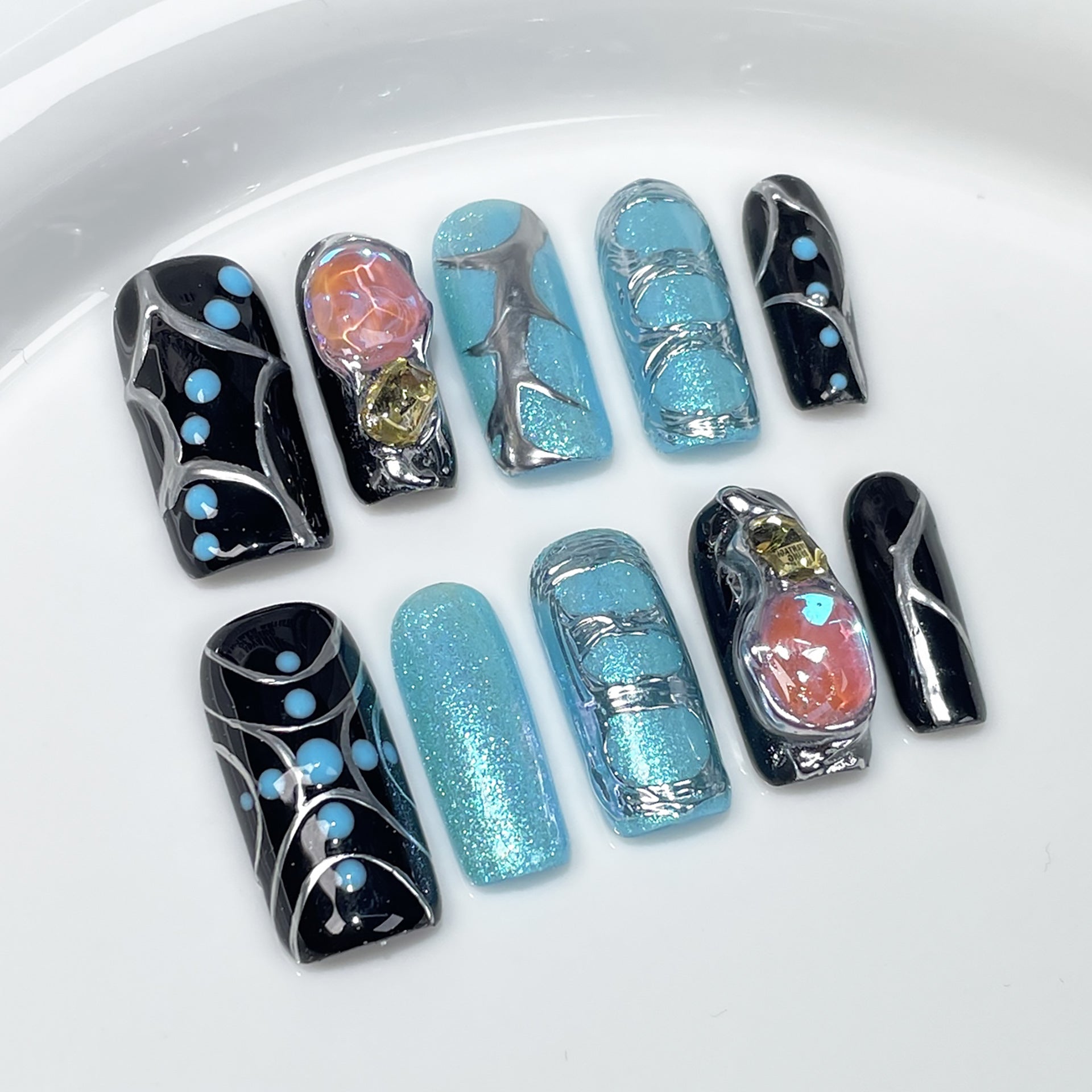 Hand-Painted Blue Nails with Sculpted Metallic Galaxy Accents