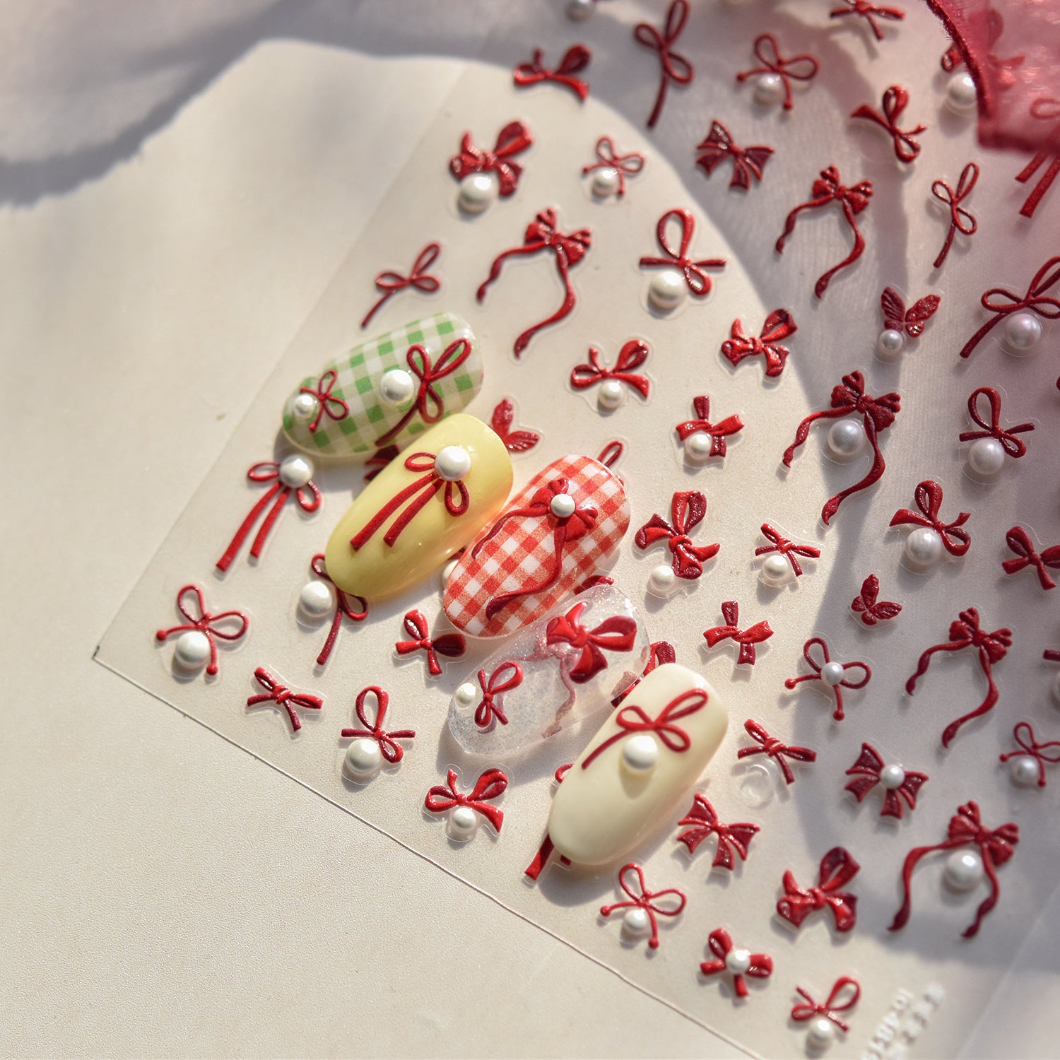 Embossed Bow Nail Stickers – Red & Metallic Pearl Set