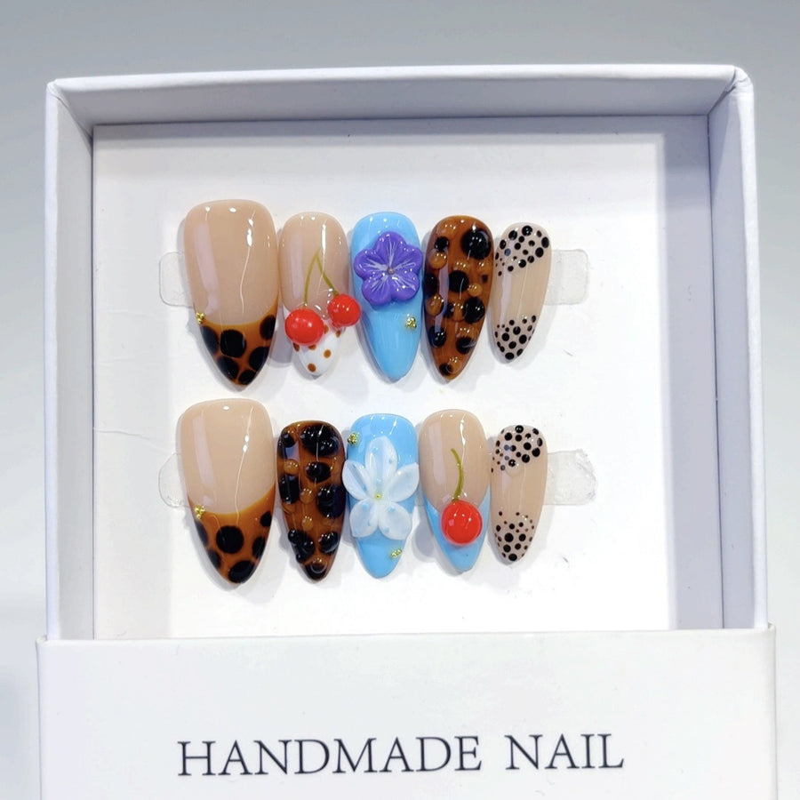Whimsical Fruit: "Cherry & Leopard" – Long Almond Handmade Press On Nails