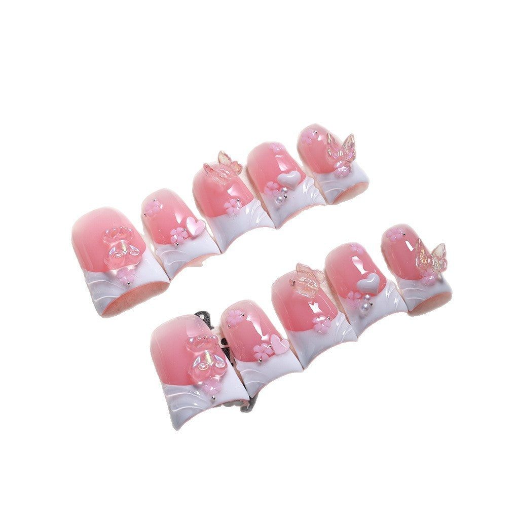 Pink Jelly French Nails with Bear and Butterfly Accents