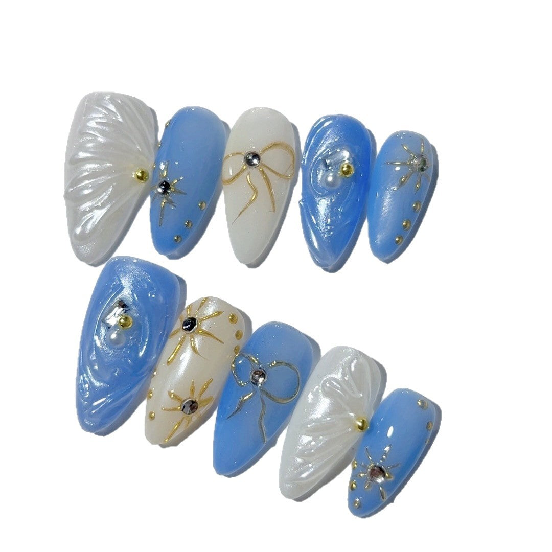 365nails: "Oceanic Bow & Shell" – Medium Almond Blue-White Marine Handmade Press-On Nails