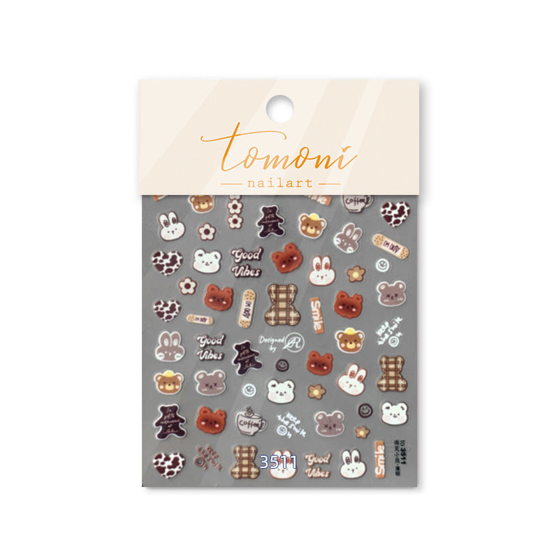 Chocolate Teddy Bear Nail Stickers – 5D Embossed Sweet Checkerboard Set